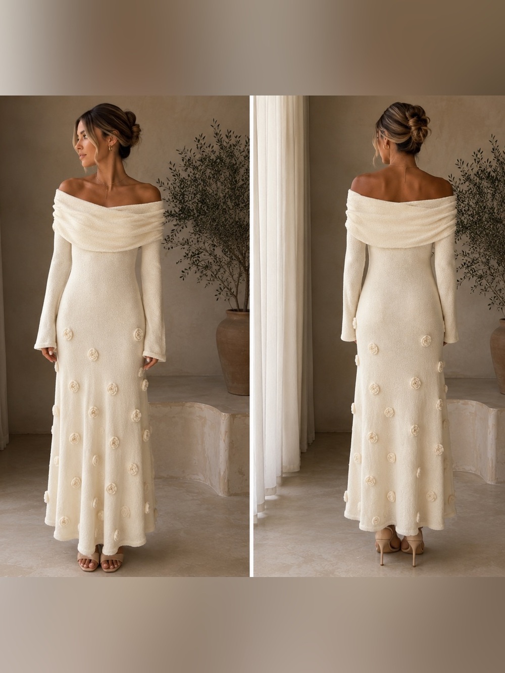 MESHKI Kiki Ivory Off Shoulder Knit Rose Maxi Dress XL Bridal Cottagecore